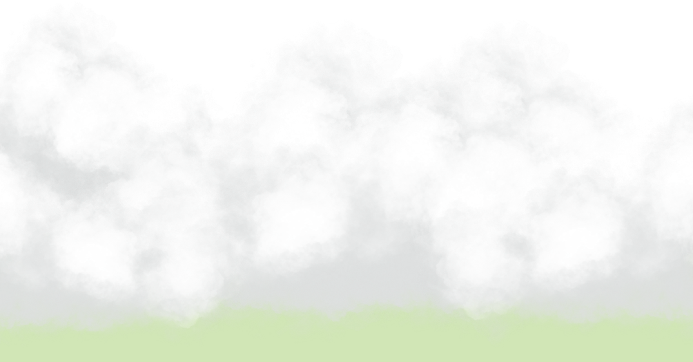 White fluffy clouds above a light green ground with a black sky background.