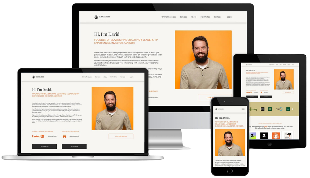Website homepage showing a man named David with coaching info displayed on desktop, laptop, tablet, and phone.