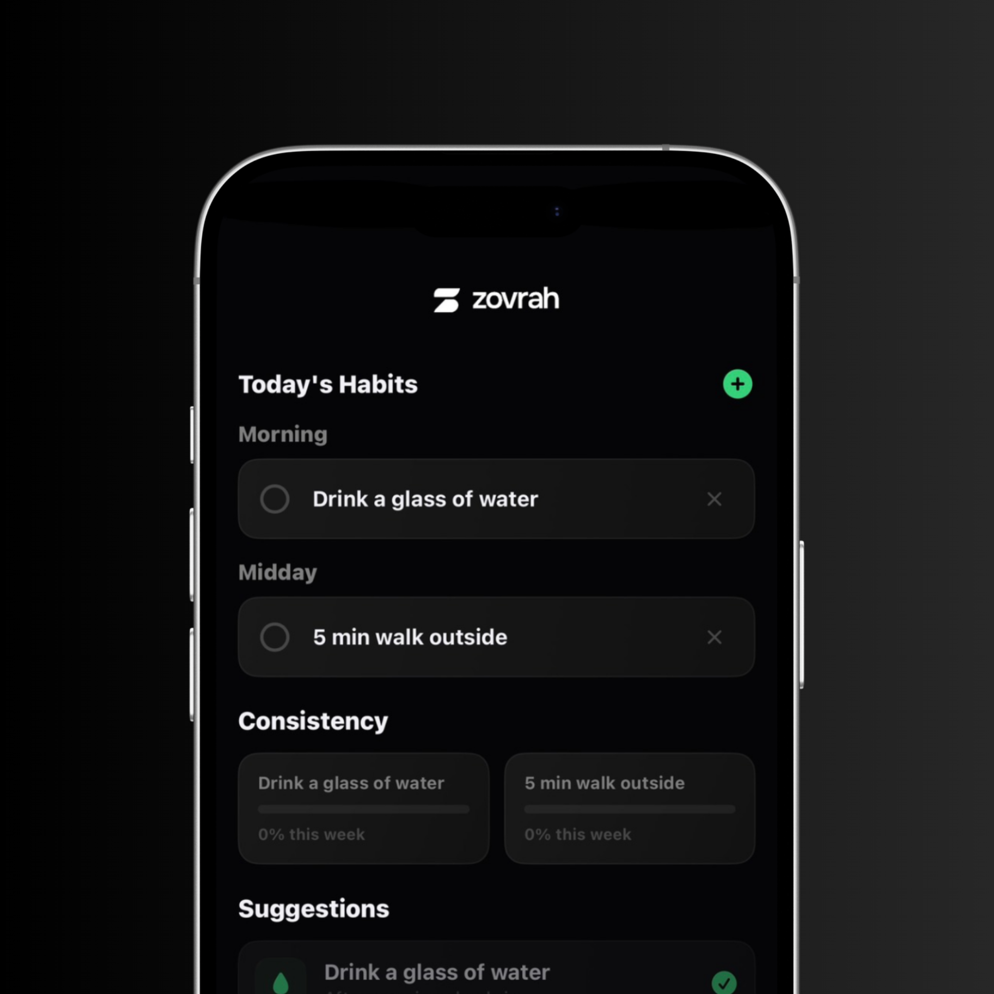Smartphone screen showing a habit tracker app named Zovrah listing today's habits: Drink a glass of water in the morning and 5 min walk outside at midday, with consistency and suggestions sections.