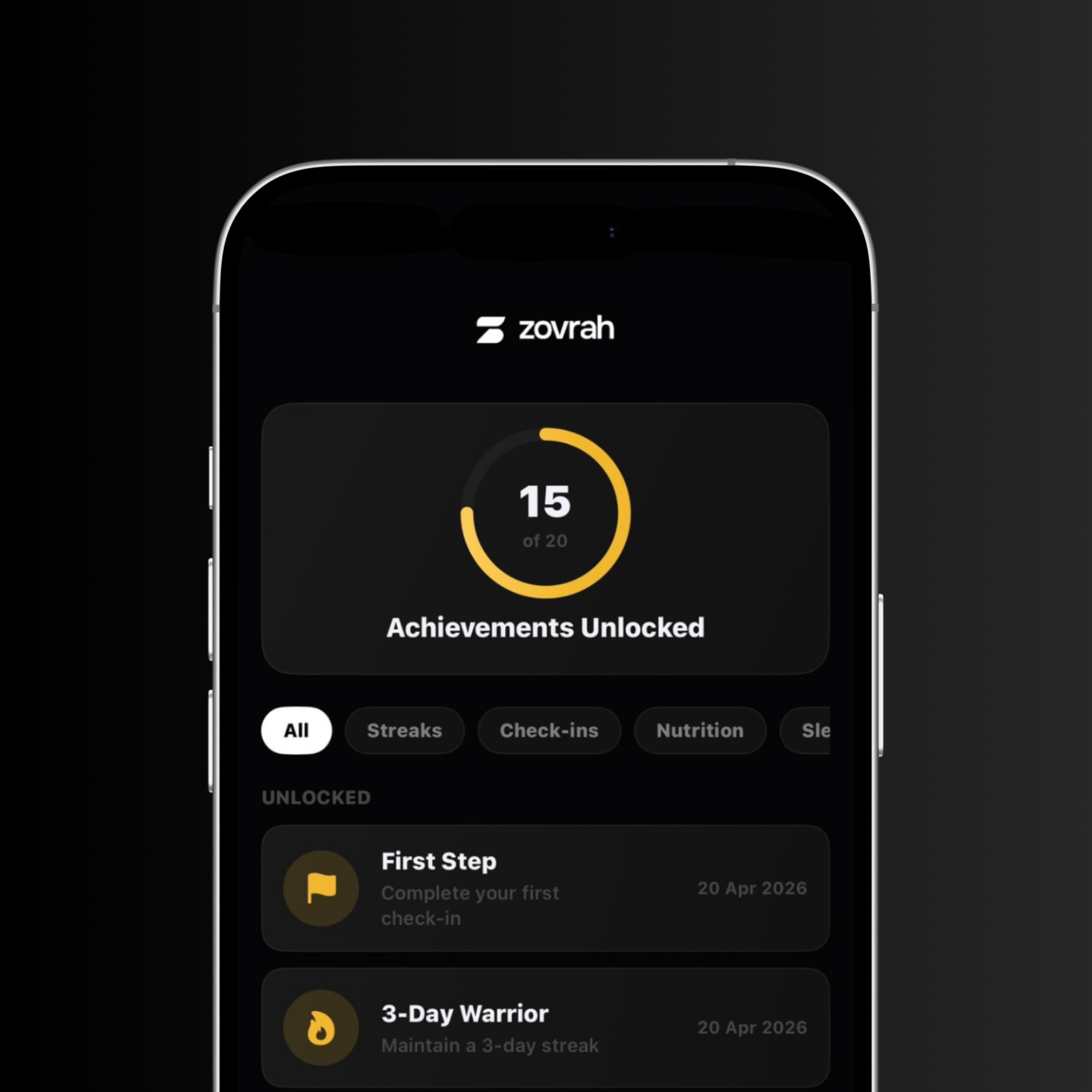 Mobile app screen showing 15 of 20 achievements unlocked with filters for All, Streaks, Check-ins, and Nutrition, plus unlocked achievements 'First Step' and '3-Day Warrior' dated April 20, 2026.