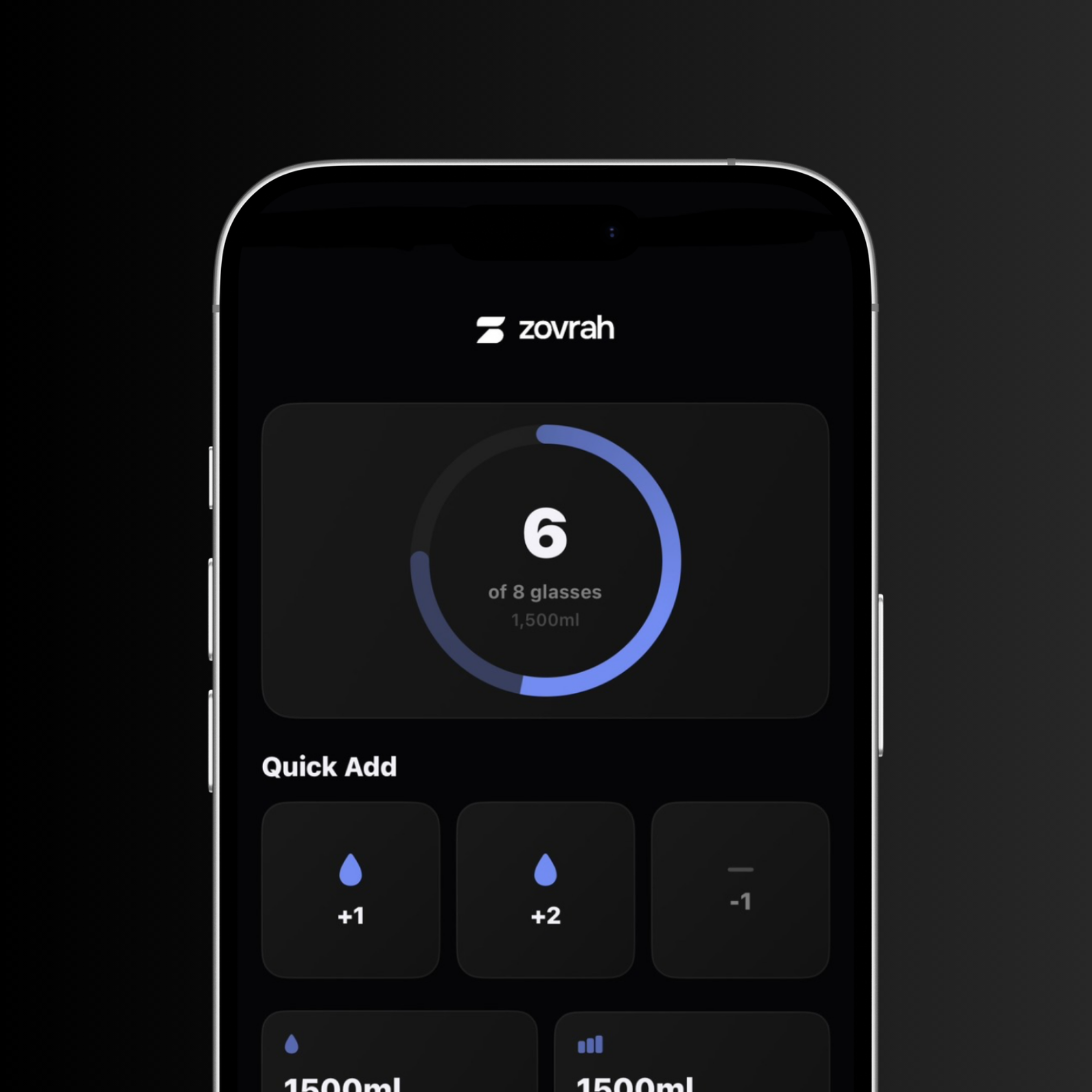 Smartphone screen showing a hydration tracking app with 6 of 8 glasses consumed, and buttons for quick adding or subtracting water intake.