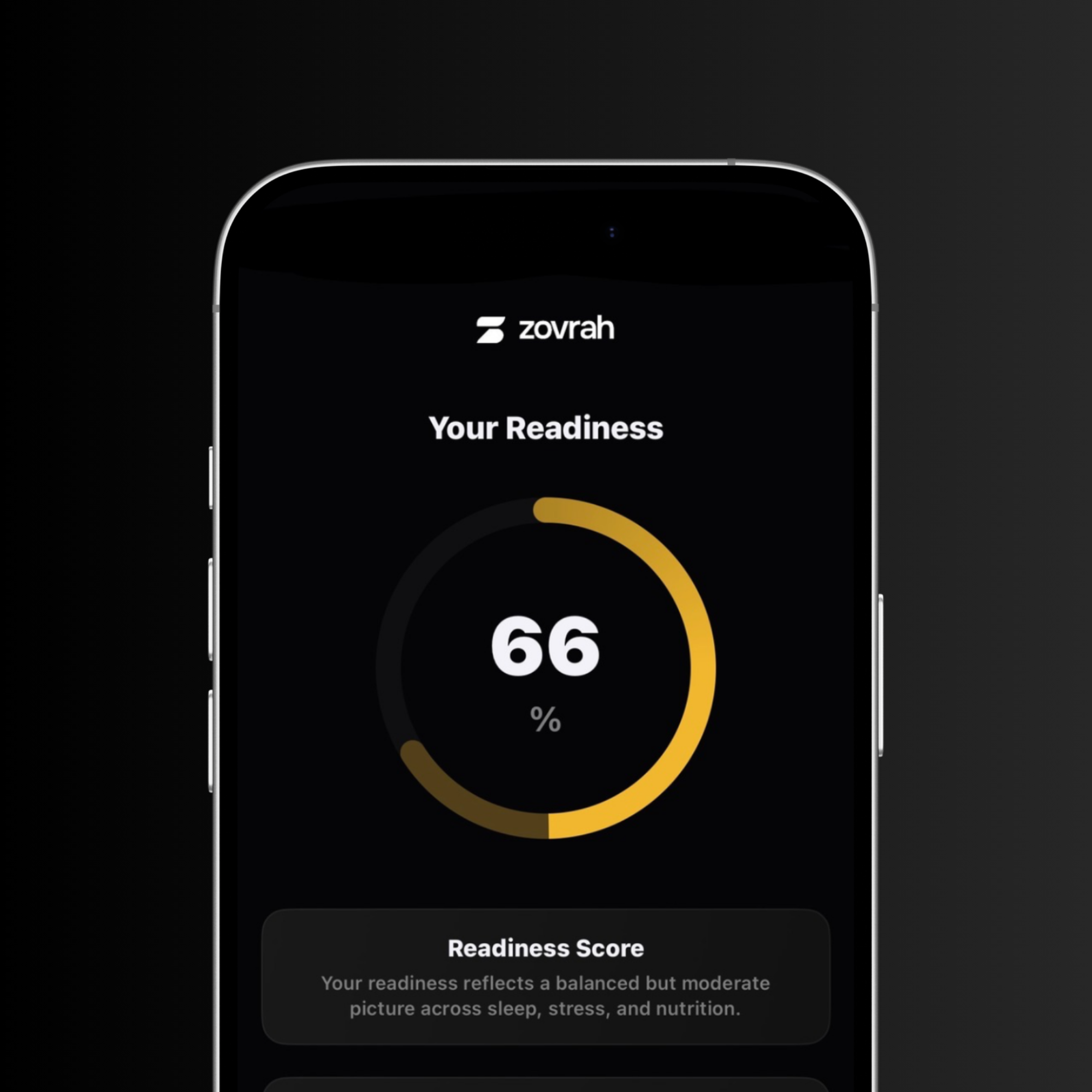 Smartphone screen displaying Zovrah app readiness score at 66% with a circular progress bar and a note about balanced but moderate sleep, stress, and nutrition.