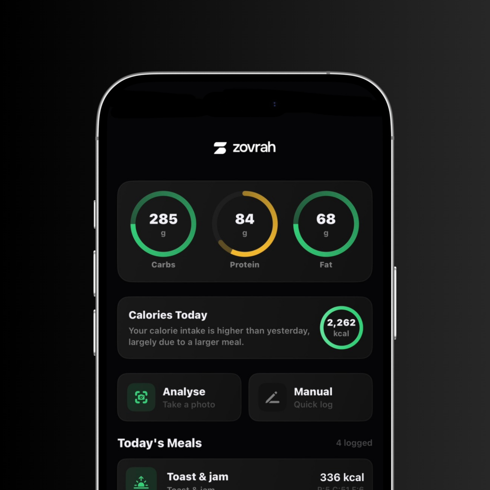 Smartphone screen showing Zovrah app with daily nutritional intake: 285g carbs, 84g protein, 68g fat, 2,262 kcal consumed today, and meal logging options.