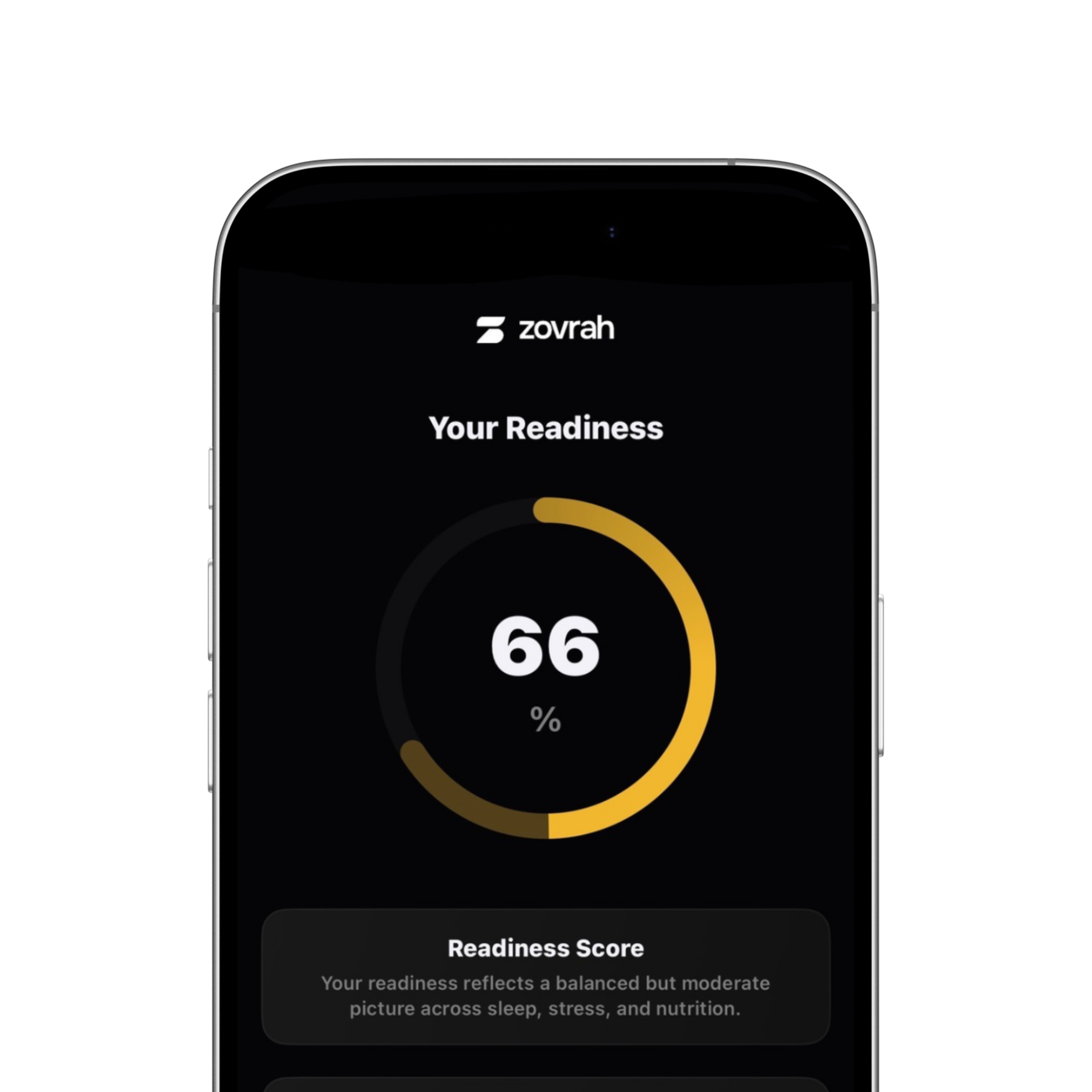 Smartphone screen showing Zovrah app with a circular progress bar at 66% readiness score, indicating balanced but moderate sleep, stress, and nutrition.
