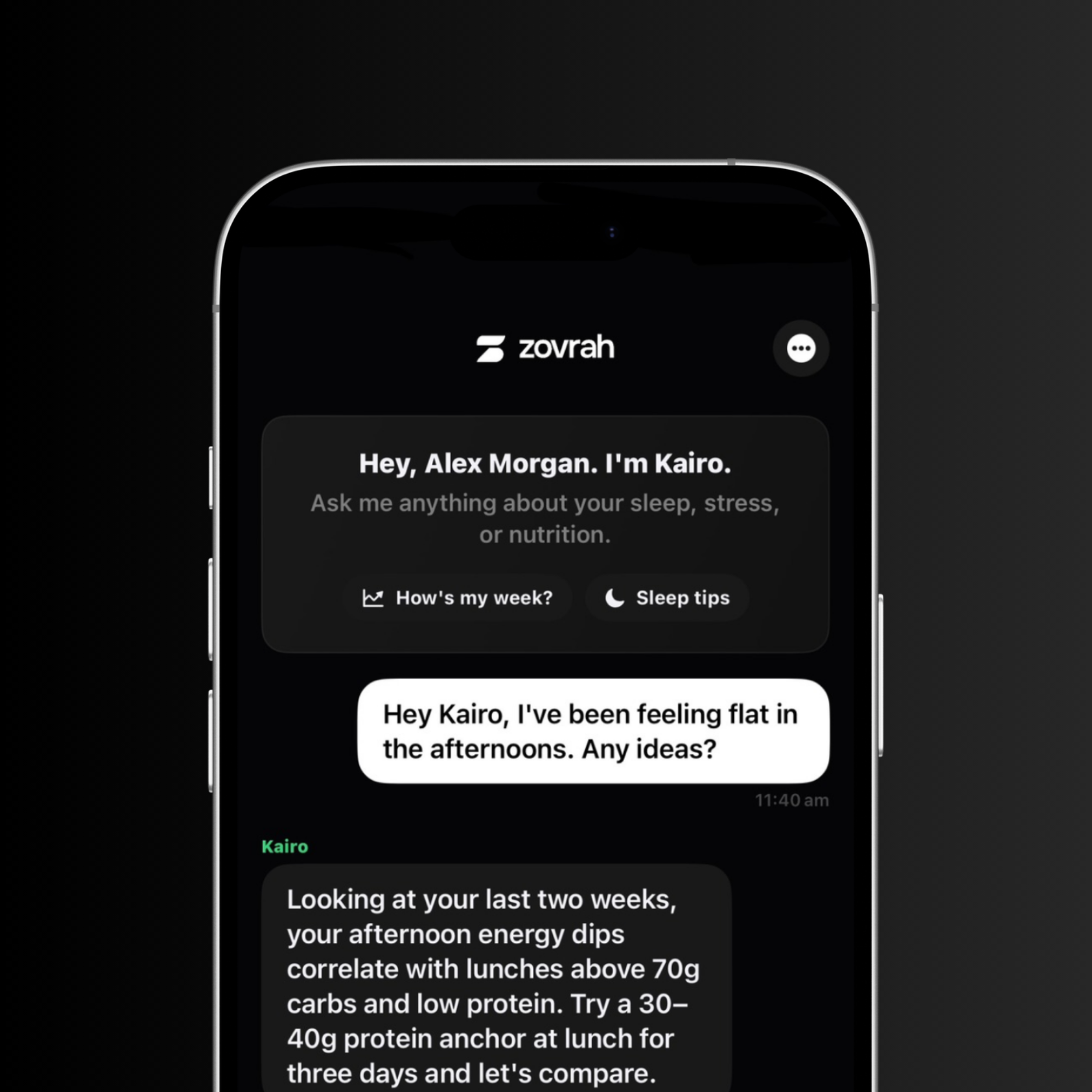 Smartphone screen showing a chat with Zovrah's Kairo assistant advising Alex Morgan on afternoon energy dips linked to high carbs and low protein in lunch.