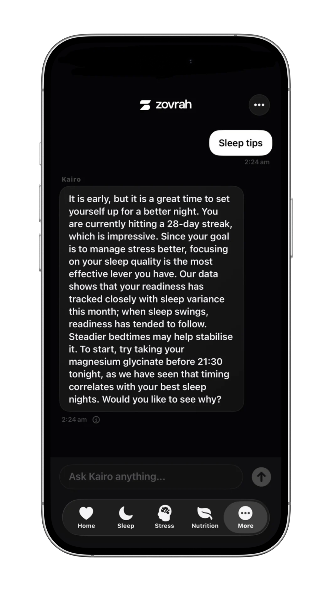 Smartphone screen showing a sleep tip from Zovrah app suggesting magnesium glycinate before 21:30 for better sleep.