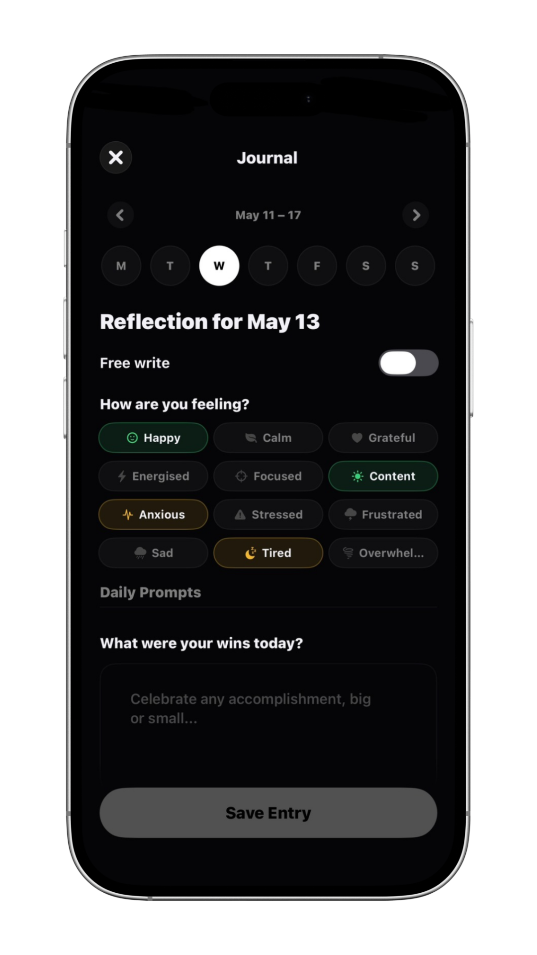 Mobile journal app showing reflection for May 13 with mood options and daily prompts to save entry.