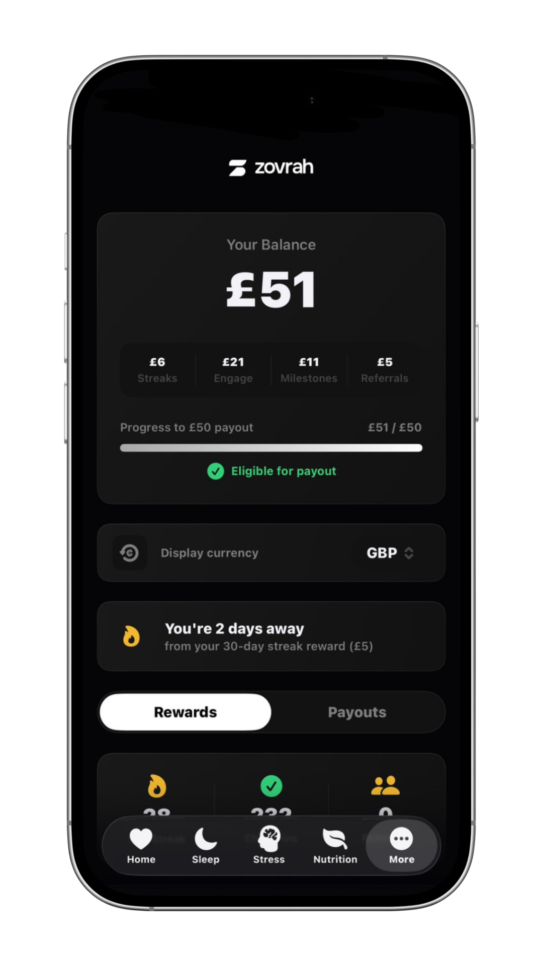 Zovrah app screen showing a £51 balance with progress bar and navigation icons for Home, Sleep, Stress, Nutrition, More.