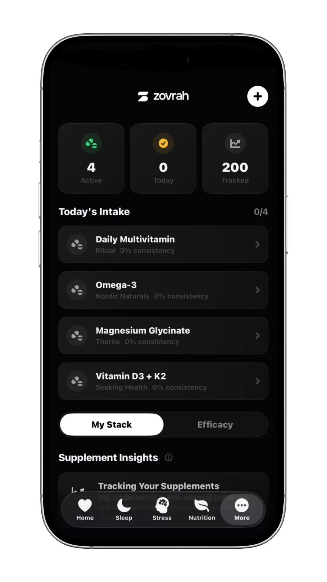 Mobile app screen showing supplement tracking with four active supplements and navigation menu icons.