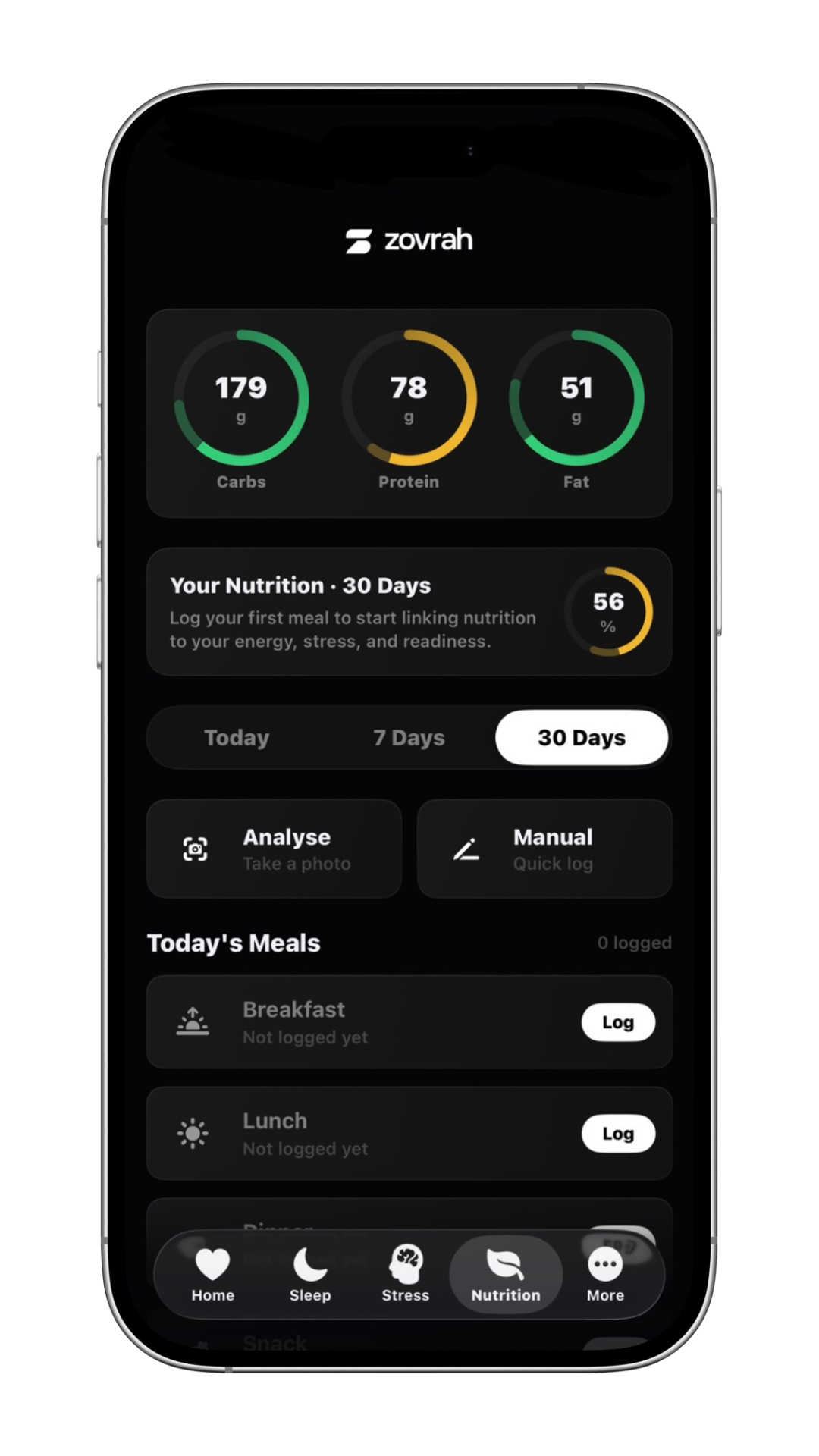 Nutrition app screen showing macros: 179g carbs, 78g protein, 51g fat, and meal logging options.