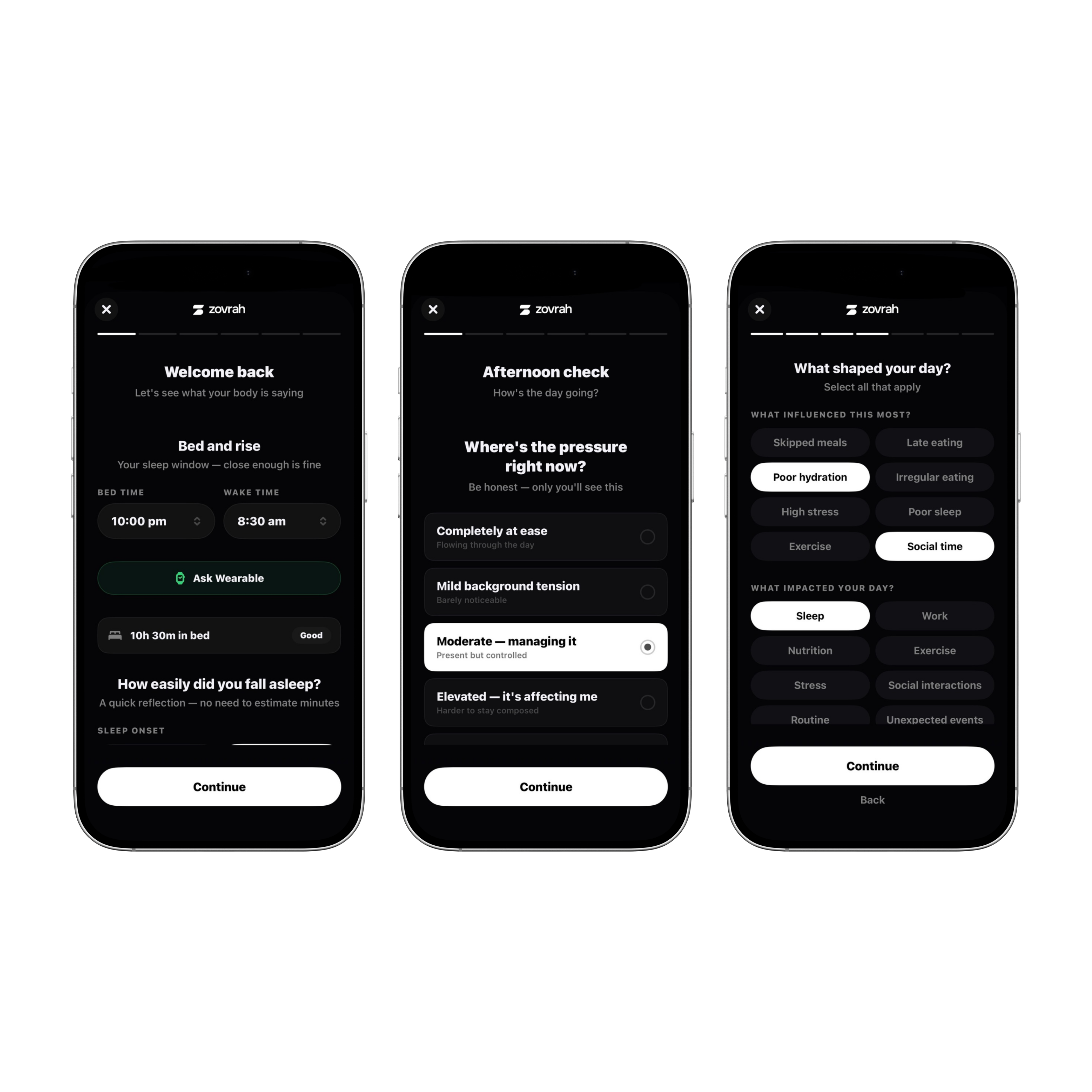 Three smartphones showing Zovrah app screens for sleep tracking, stress check, and daily impact survey.