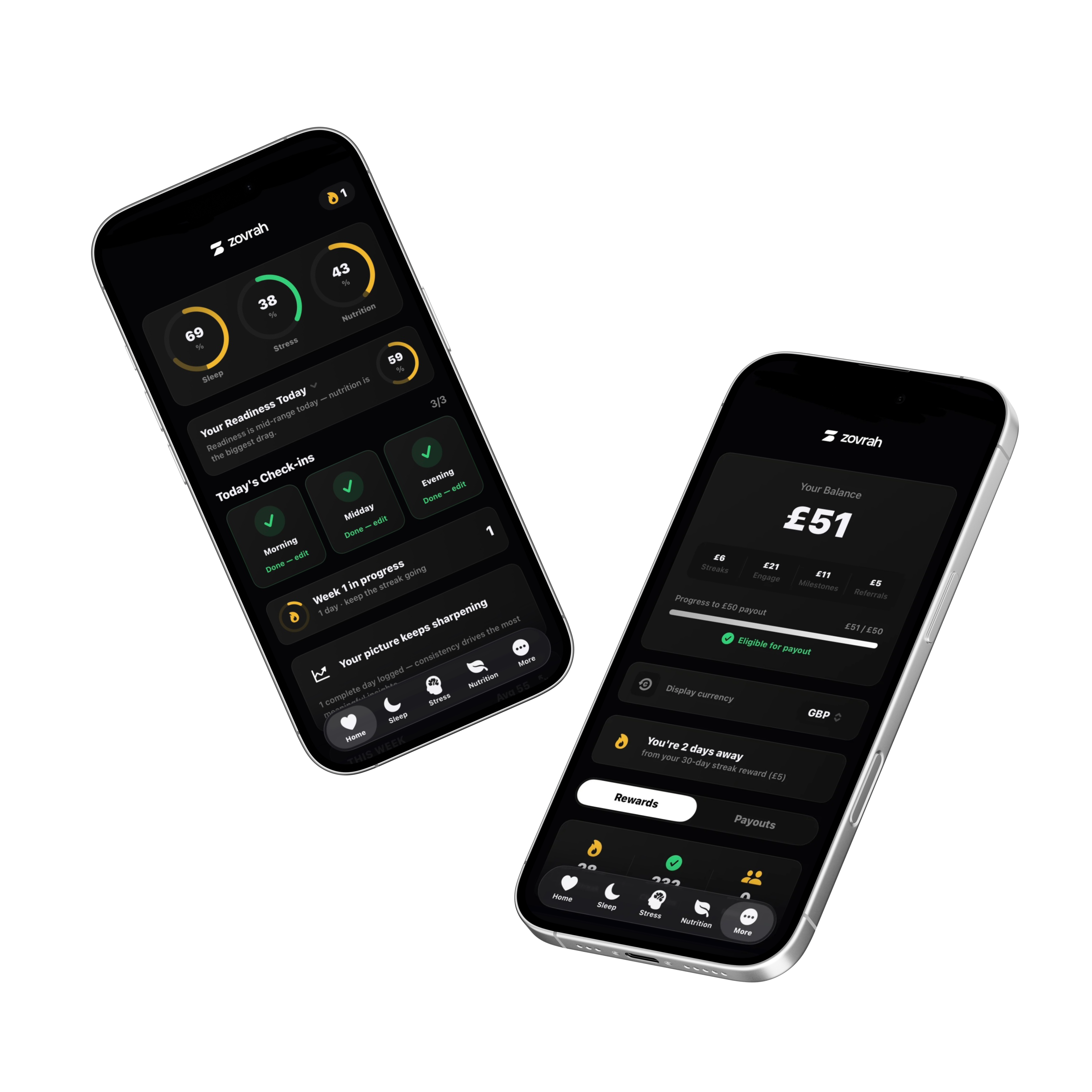 Two phones show Zovrah app with health metrics, balance of £51, and progress toward rewards payout.