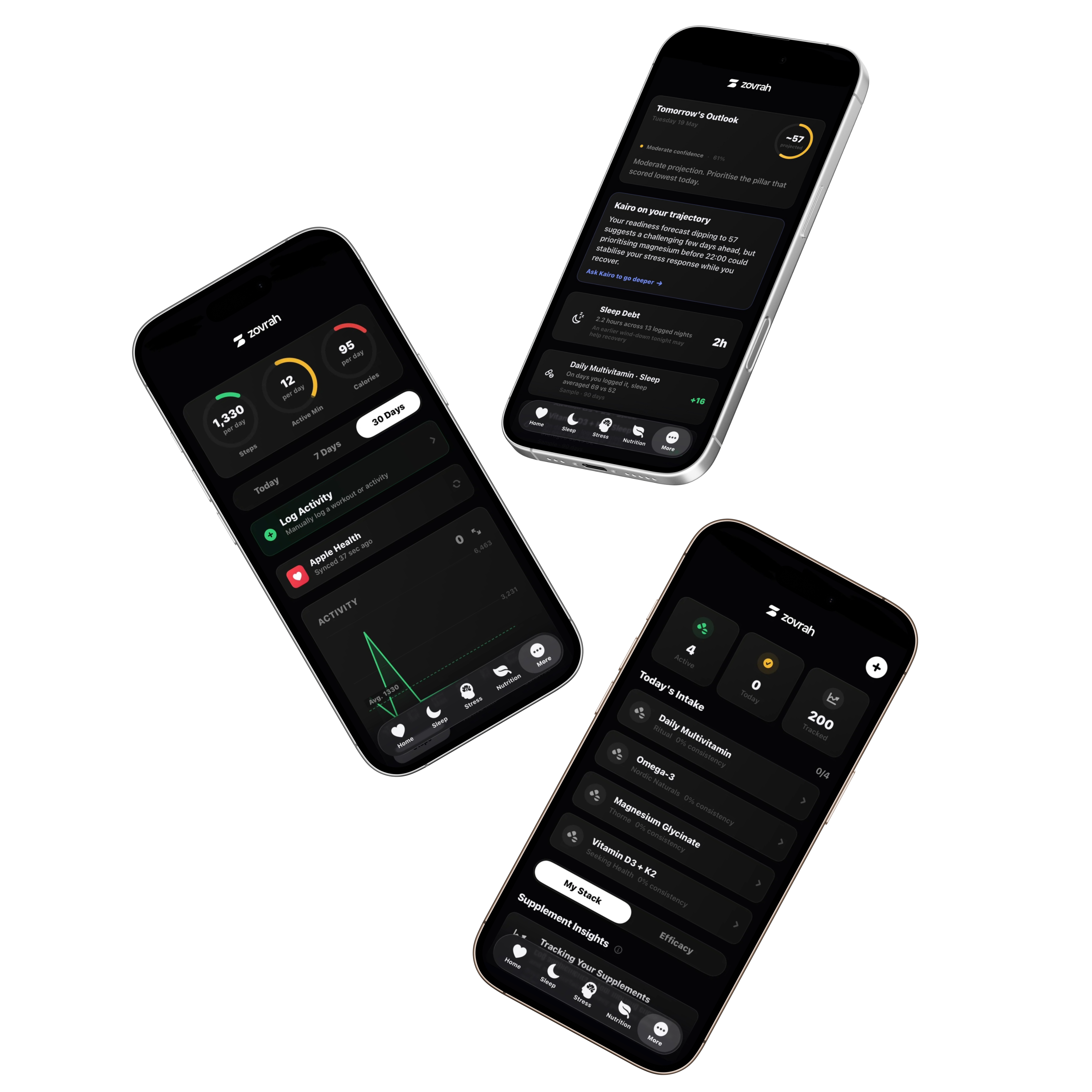 Three smartphones showing Zovrah app screens tracking activity, sleep outlook, and supplement intake.