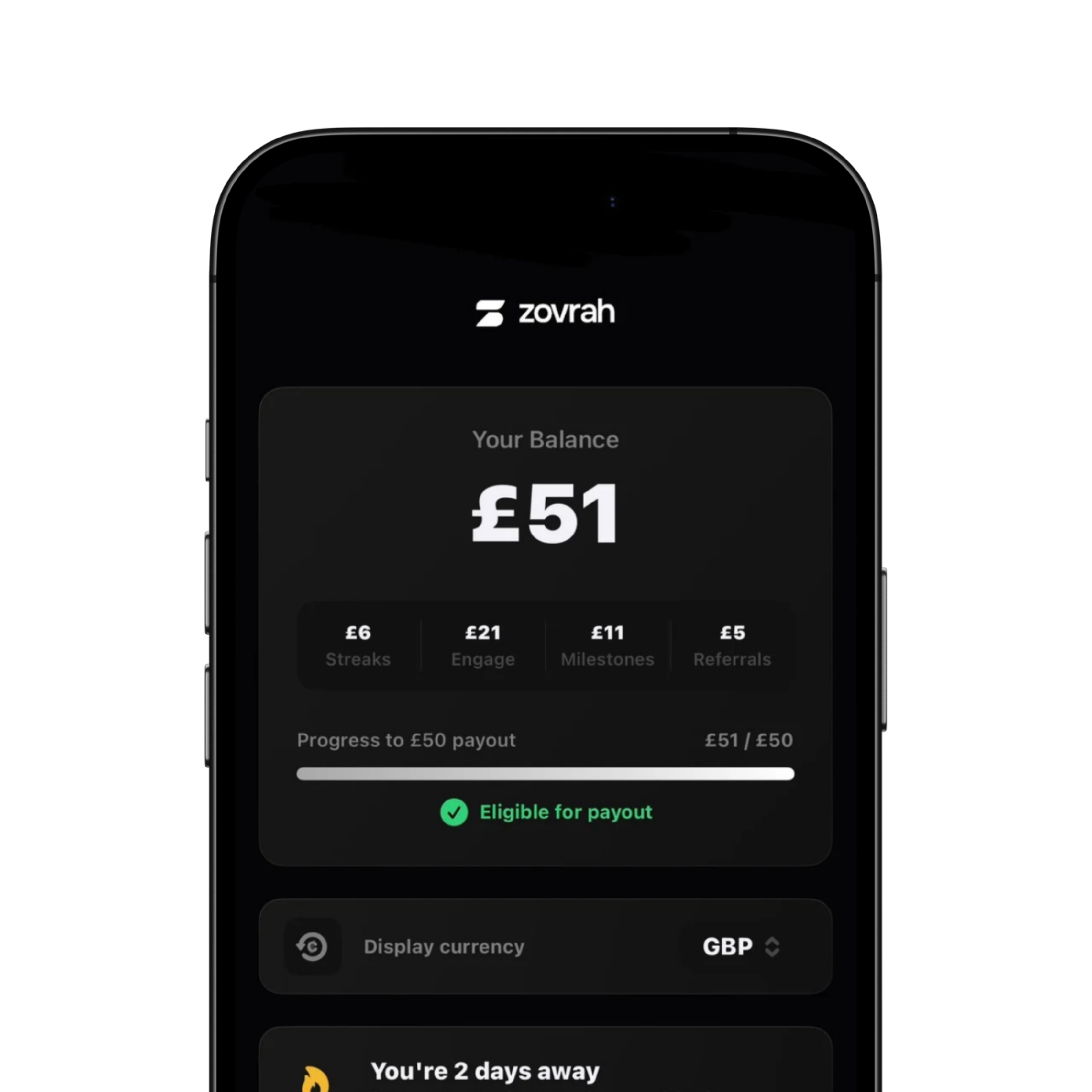 Zovrah app screen showing balance £51 with progress bar and payout eligibility in GBP.