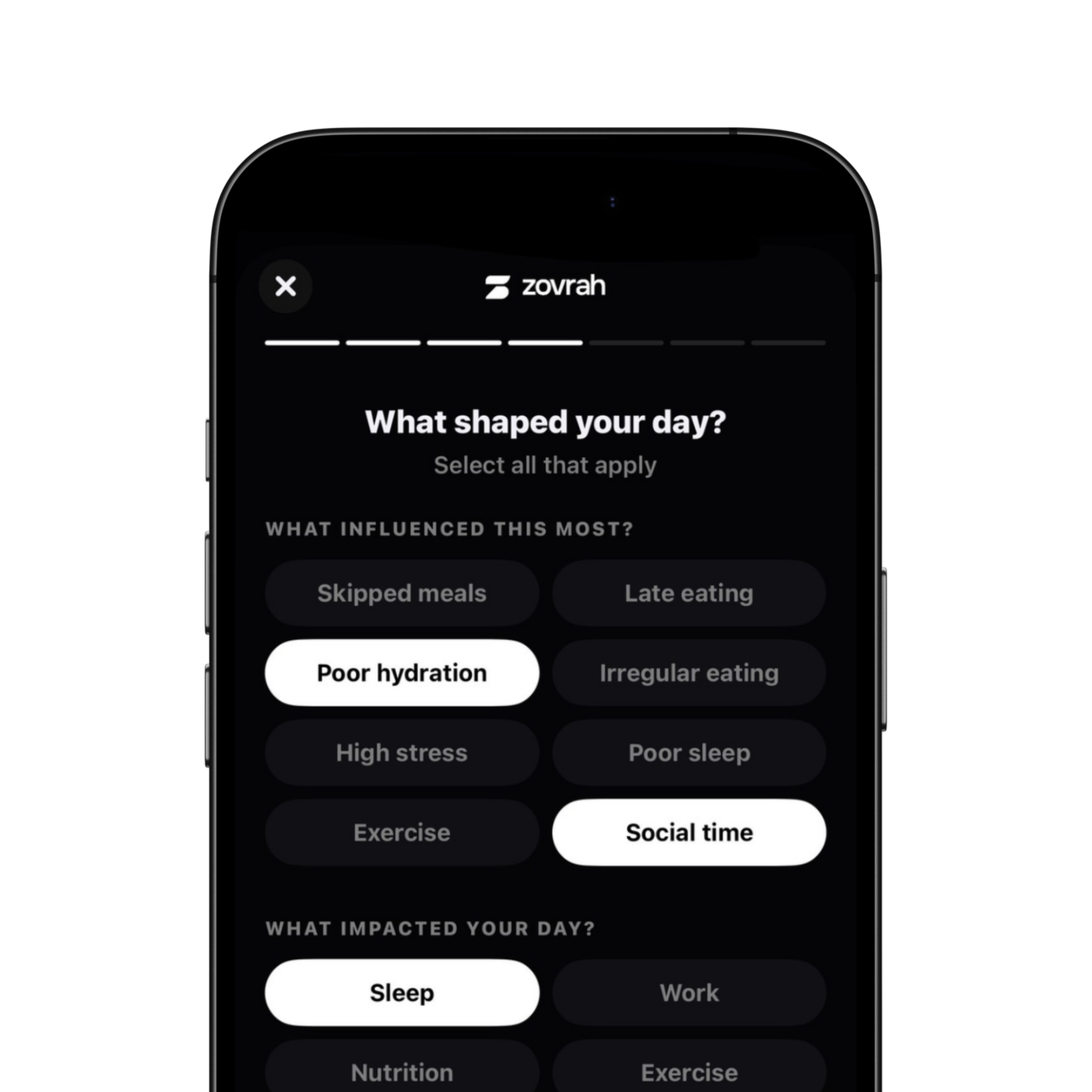 Mobile screen showing a survey asking what shaped your day with selections for hydration, social time, and sleep.