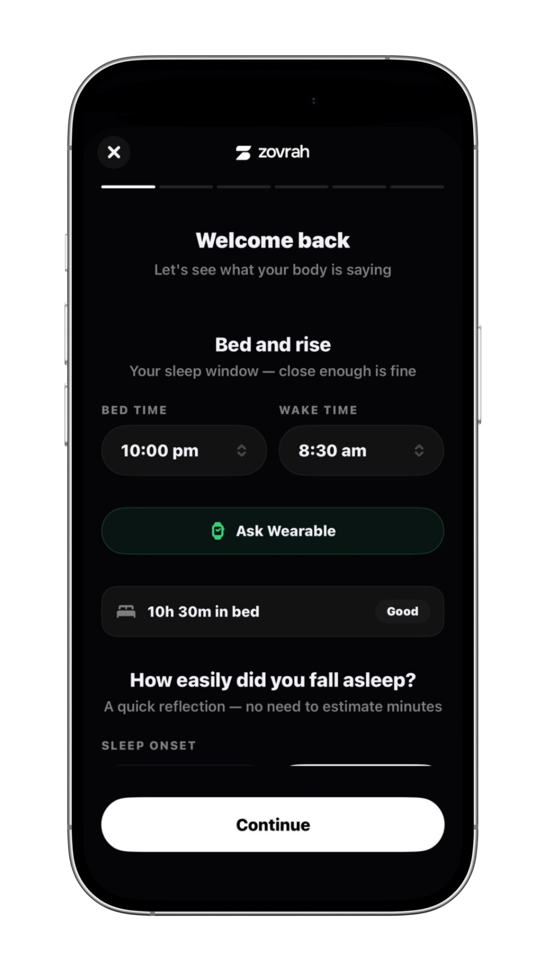 Sleep tracking app screen showing bed time 10:00 pm, wake time 8:30 am, and sleep duration 10h 30m.