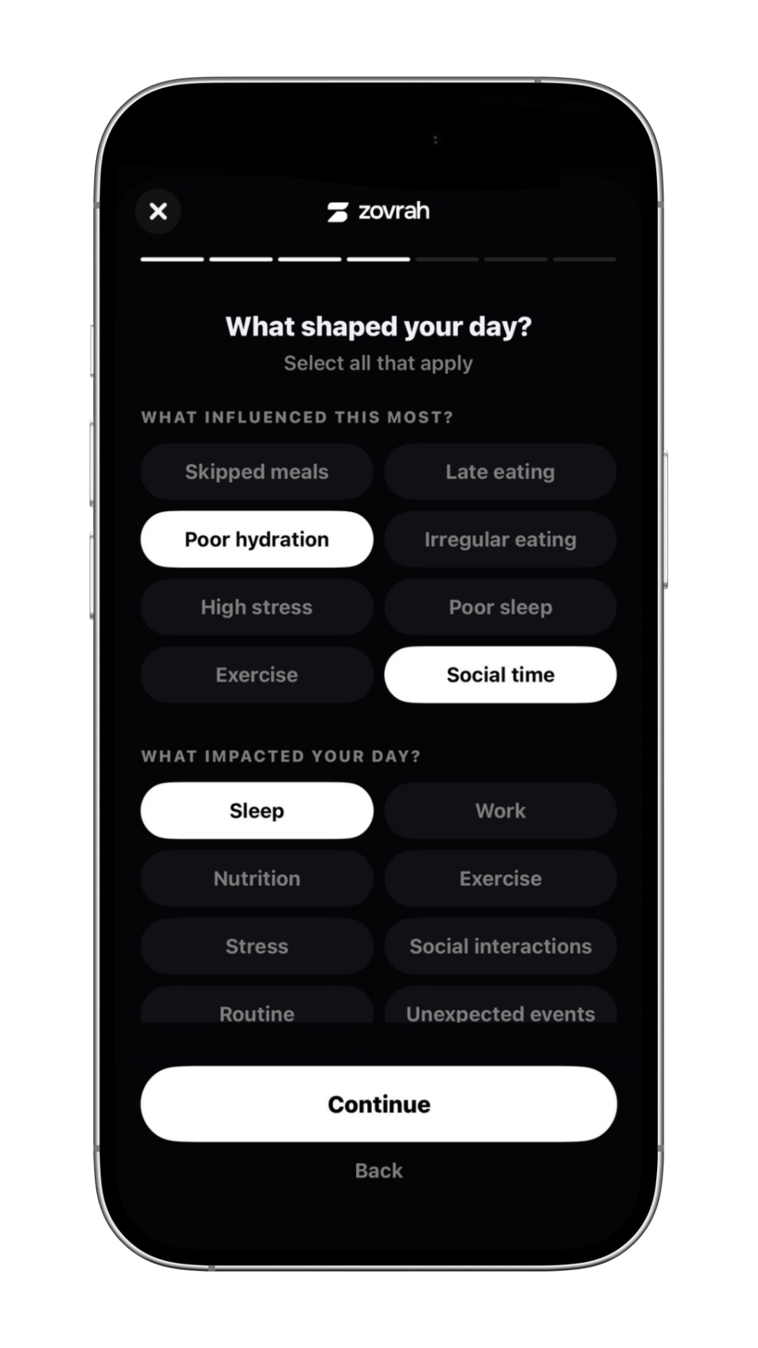 Mobile screen survey asking what shaped your day with selected options: Poor hydration, Social time, and Sleep.