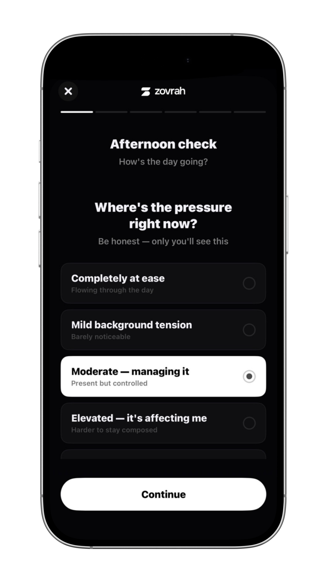 App screen titled Afternoon check asks where pressure is, options range from ease to elevated tension.