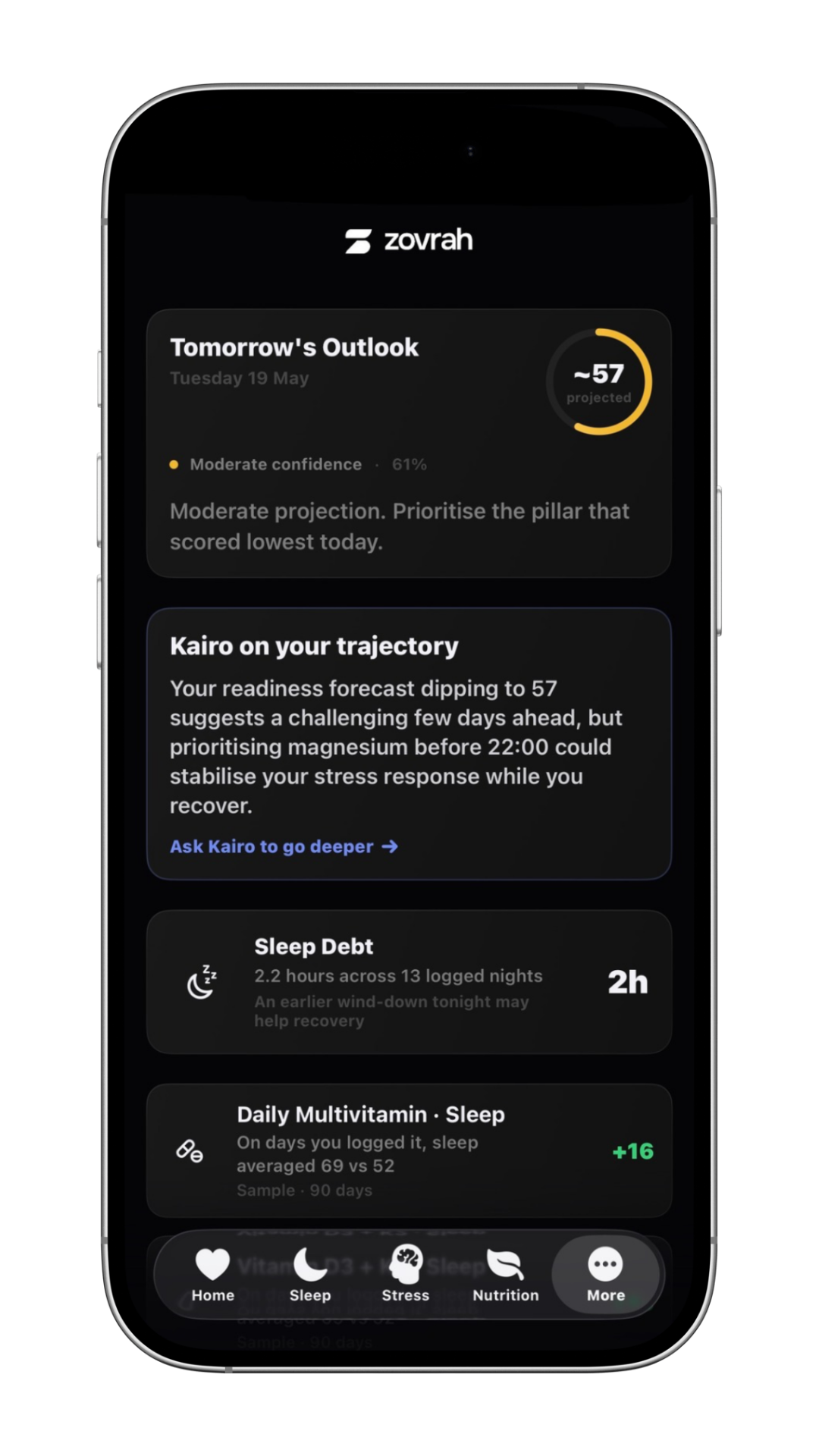 Smartphone displaying a journal app with daily prompts for reflection on November 24, including questions about wins, challenges, and gratitude, and a button to save the entry.