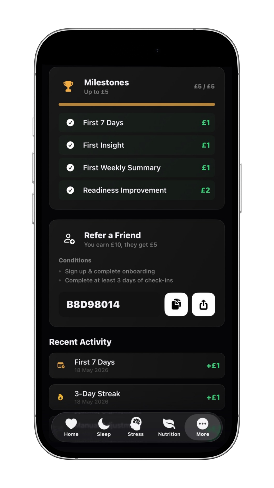 Mobile screen showing a form to enter bank details with fields for account holder name, account number, sort code, and options for UK Bank or International, plus a submit request button.