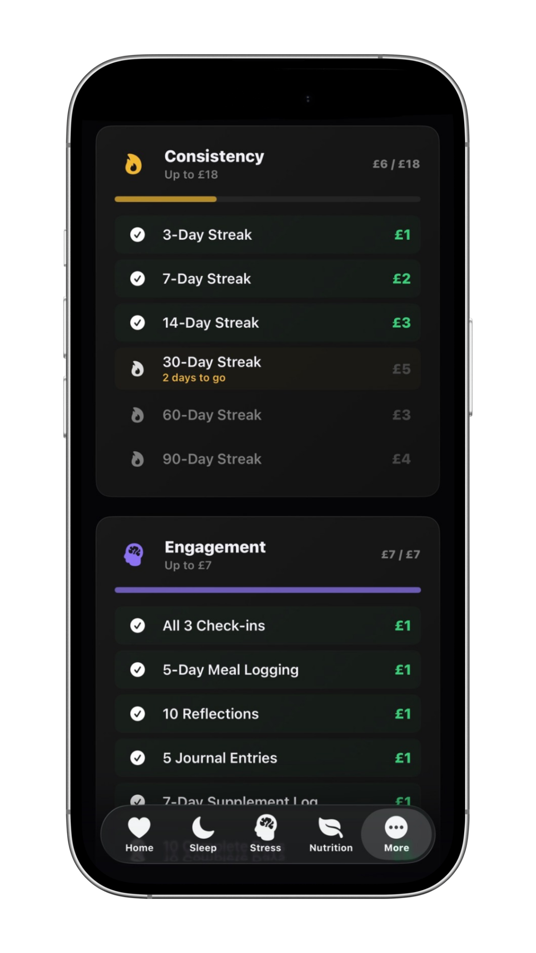 Mobile app screen showing Zovrah+ Milestones with tasks to complete full daily logs for rewards, plus total lifetime earnings of £55.00, on Dashboard tab.