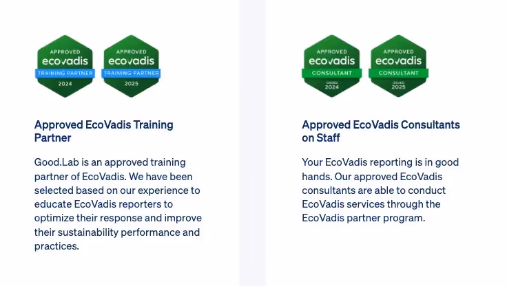 An image showing EcoVadis badges as an approved Training Partner and Consultants