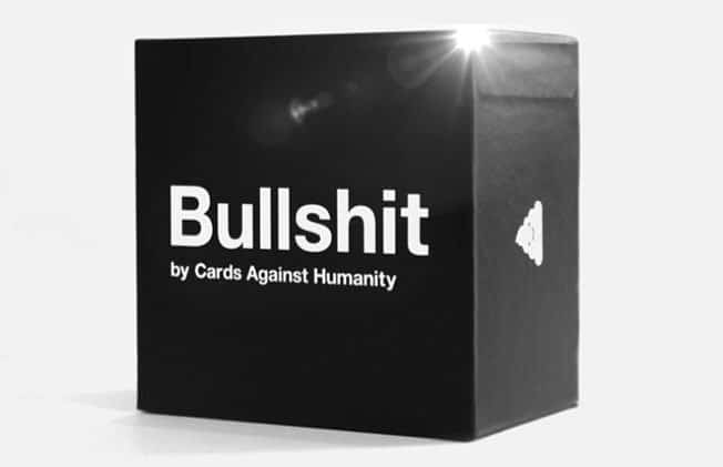 A sleek black box labeled Bullshit by Cards Against Humanity with an angled logo, set against a plain background.