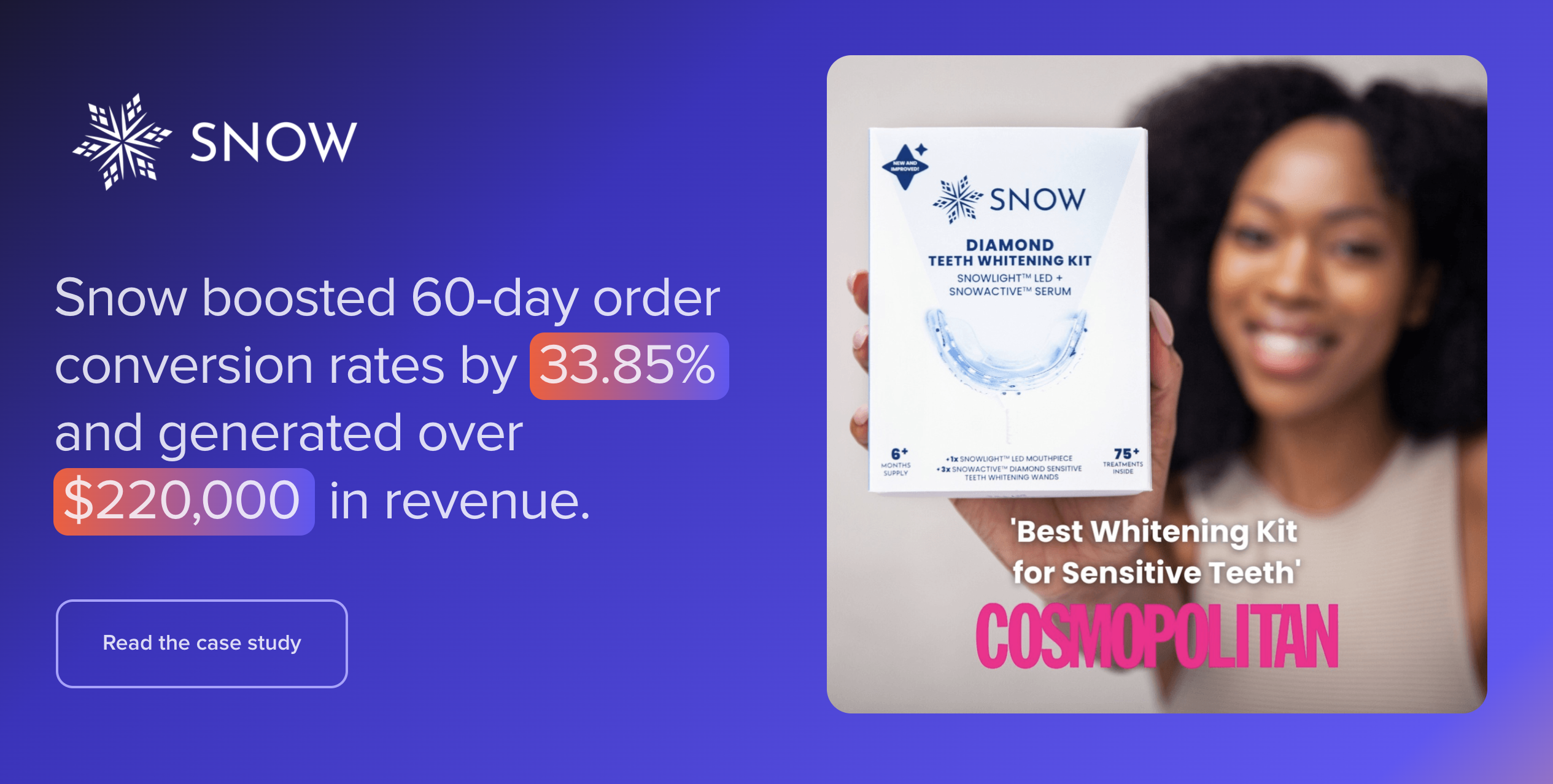 A smiling person holds a Snow teeth whitening kit, showcasing an impressive 60-day eCommerce conversion boost of 33.85% and $220,000 in revenue. Hailed by Cosmopolitan as the Best Whitening Kit for Sensitive Teeth, its like having an AI Concierge for your smile.