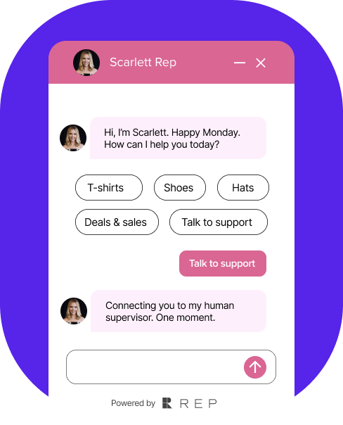 Rep chat interface for eCommerce with options for T-shirts, Shoes, Hats, Deals & Sales, and a button to connect to support via AI Concierge. The representative, Scarlett, is bridging the interaction to a human supervisor. Perfect for Shopify stores seeking seamless assistance.