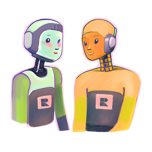 Two colorful robots with smiling faces are facing each other like a lively AI Concierge. The robot on the left has a pale green face and a dark green body, while the one on the right boasts an orange face and body. Both feature geometric designs on their torsos, evoking a sense of dynamic eCommerce innovation.