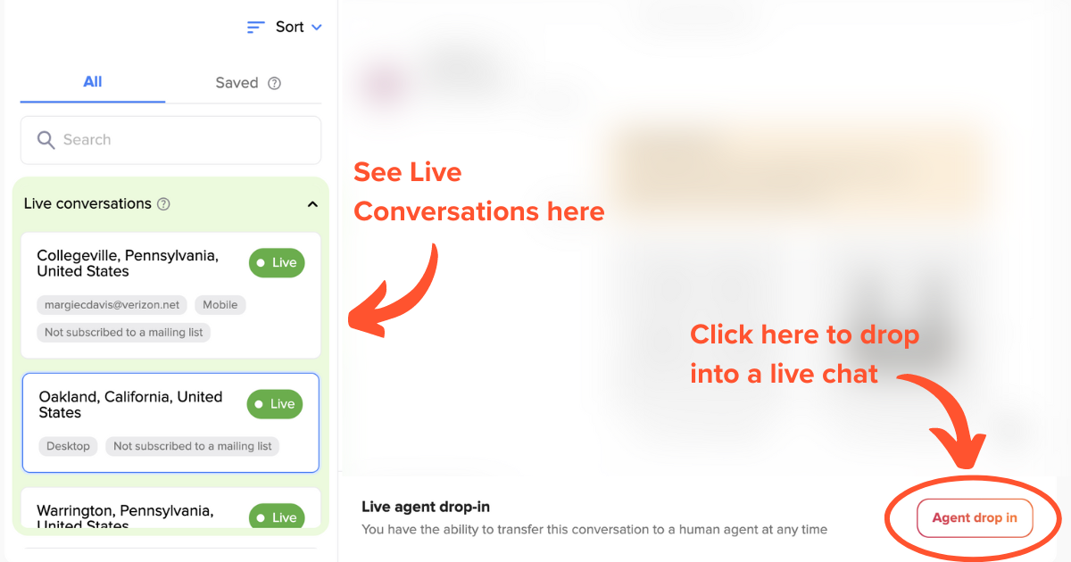 The screenshot displays a user interface for an eCommerce chatbot, with live conversations listed on the left alongside locations and subscription statuses. Arrows guide users on viewing chats and clicking Agent drop in to join, enhancing customer interaction and potentially increasing sales.