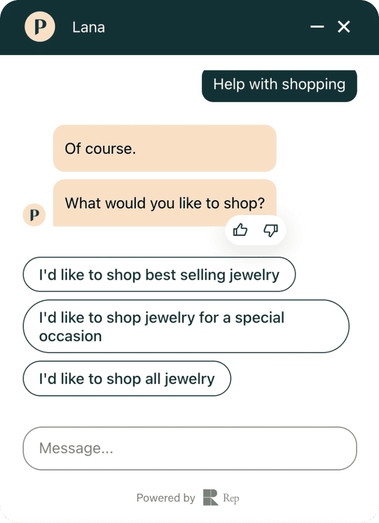 Image showing a user-friendly chatbot interface designed for eCommerce. It includes navigation options such as shopping for best-selling jewelry, browsing jewelry for special occasions, or viewing all jewelry. The interface is integrated with Shopify for a seamless shopping experience.