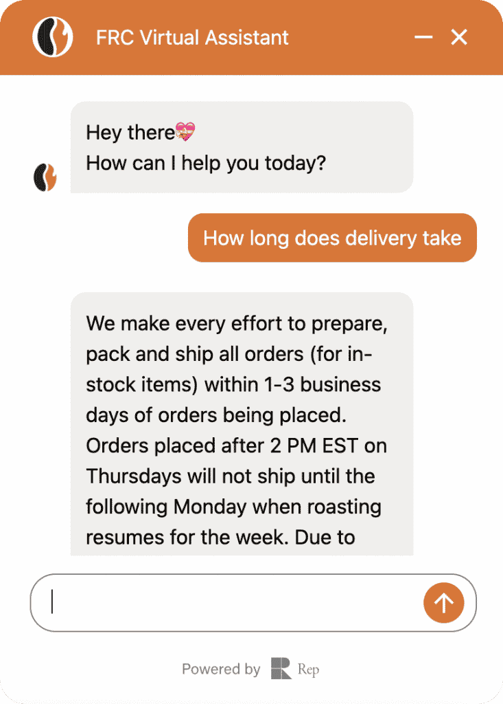 The chat interface shows a customer asking about delivery time. The AI Concierge replies with information on order preparation and shipping times, noting that it takes 1-3 business days.