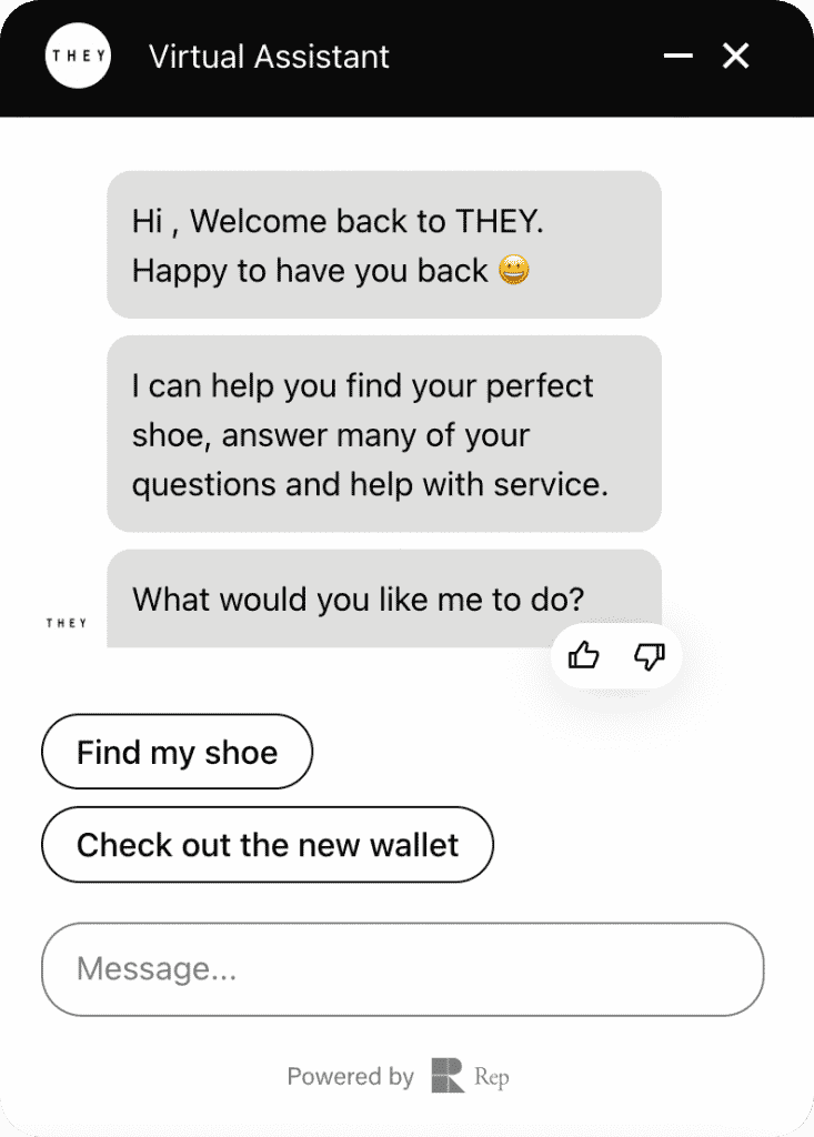 The chat interface features a virtual assistant powered by AI Concierge, welcoming the user and offering assistance. Options visible include Find my shoe and Check out the new wallet, integrated into the Shopify experience.