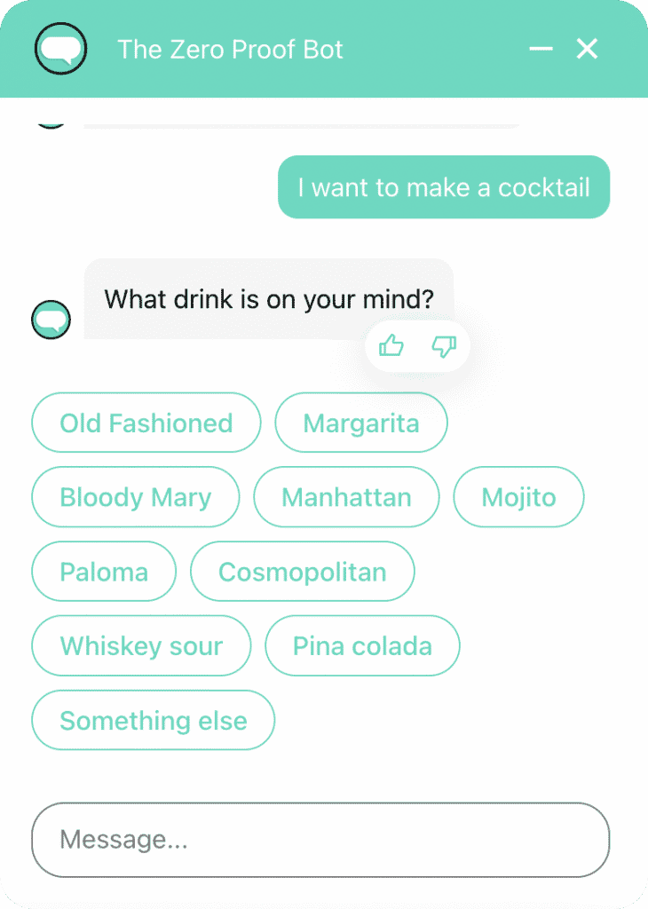 An image of a chat interface with The Zero Proof Bot, showing options for cocktail-making like Old Fashioned and Margarita, integrated with a Shopify AI Concierge feature to enhance user interaction.