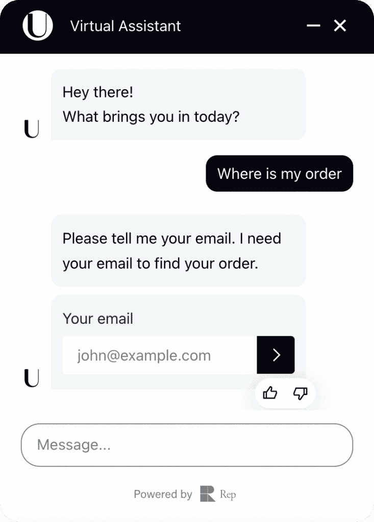 A clean chat interface where a virtual AI Concierge requests an email address to find an order. The user replies with the email john@example.com.