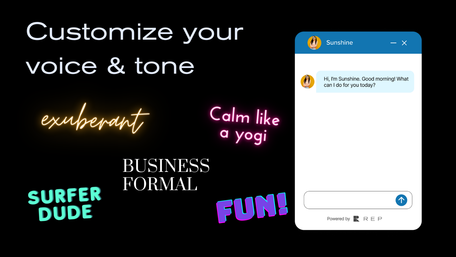 The image shows a digital interface on an eCommerce platform with options to customize text tone, such as exuberant, business formal, and fun. On the right side of the interface, theres a chat box featuring an AI Concierge that greets users, offering personalized interactions to enhance the Shopify experience.