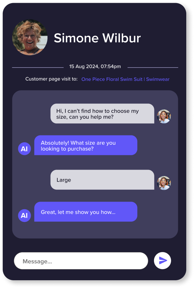 Alt text: Chat interface displaying a conversation with Simone Wilbur regarding swimsuit size selection. An AI Concierge inquires about size preference and provides assistance, resembling an eCommerce chatbot.
