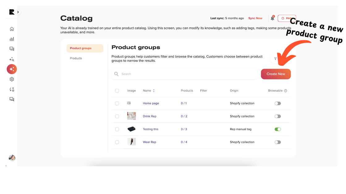 Screenshot of an eCommerce product catalog interface displaying groups like Home Page and Drink Rep, with details such as image, name, and products. A red arrow highlights the Create New button for adding product groups, simplifying your setup with AI Concierge services.
