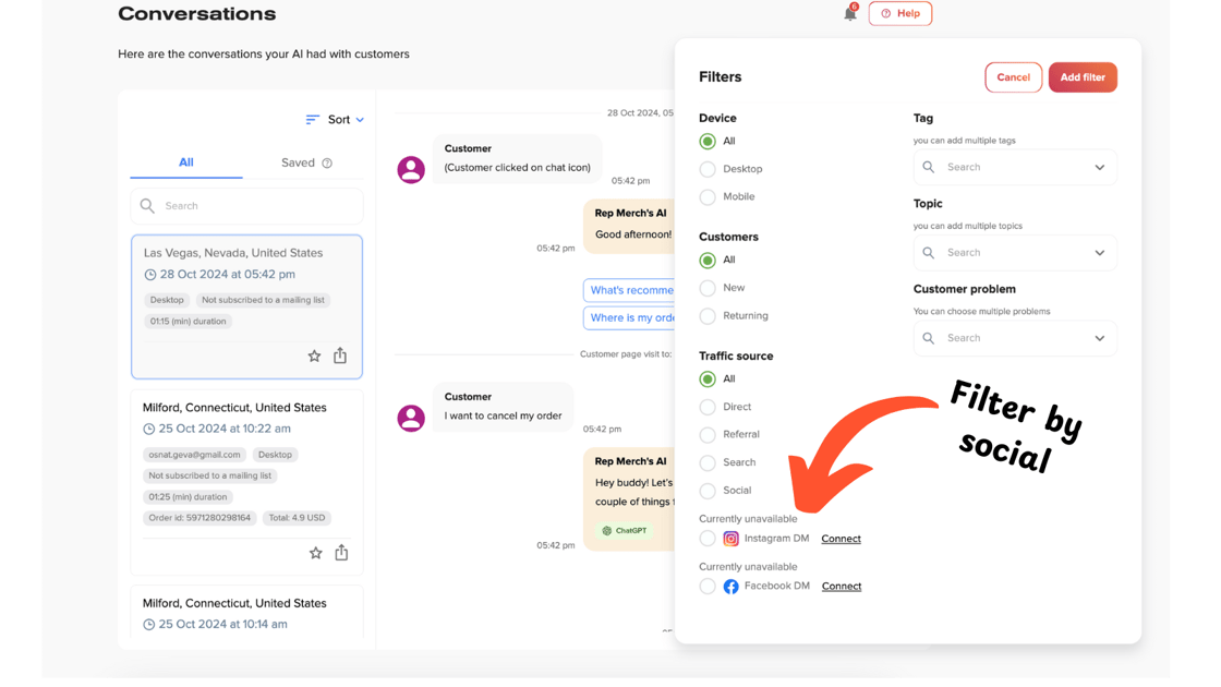 A digital interface displays customer conversations and filtering options. On the left, chats are listed by location and date. On the right, a filter menu offers device, tag, and Shopify social media options, with an arrow highlighting social filter settings for the eCommerce chatbot.