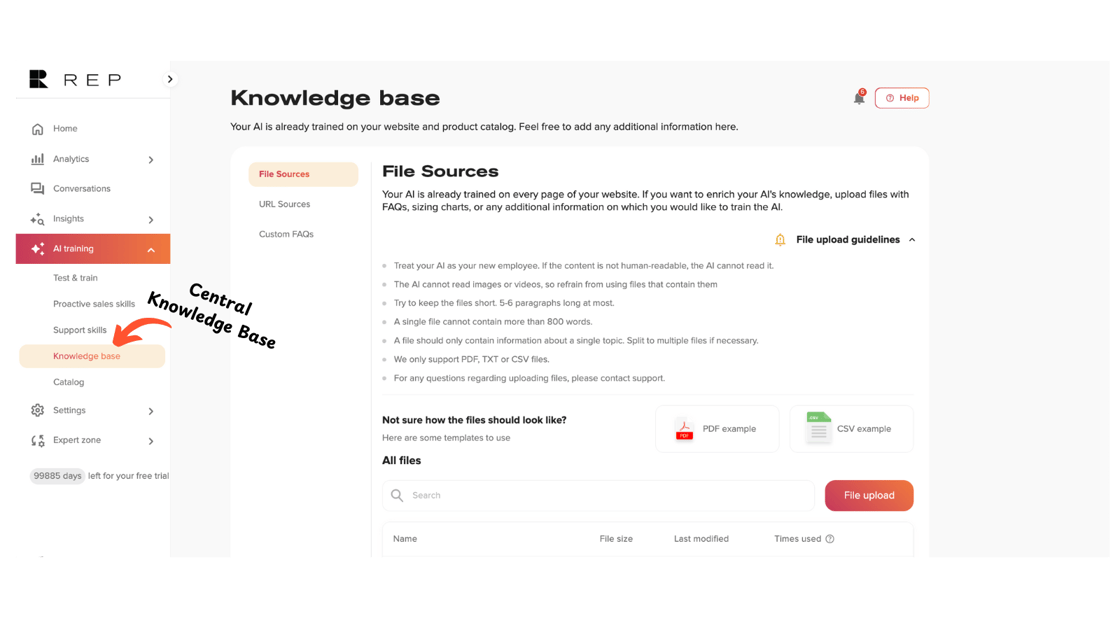 A screenshot of a websites Knowledge Base section showcases options like File Sources and Custom FAQs. A sidebar features menu items like Training, Support Site, and Central Knowledge Base. The page also includes example URLs, PDFs, and CSVs—ideal for enhancing your Shopify AI Concierge or eCommerce chatbot setup.