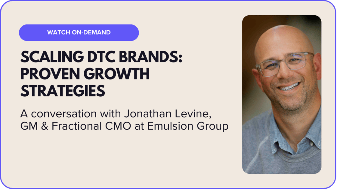 Graphic promoting an on-demand event titled Scaling DTC Brands: Proven Growth Strategies. Features a conversation with Jonathan Levine, GM & Fractional CMO at Emulsion Group, and includes a picture of a smiling person. Discover how AI Concierge can revolutionize eCommerce growth strategies.
