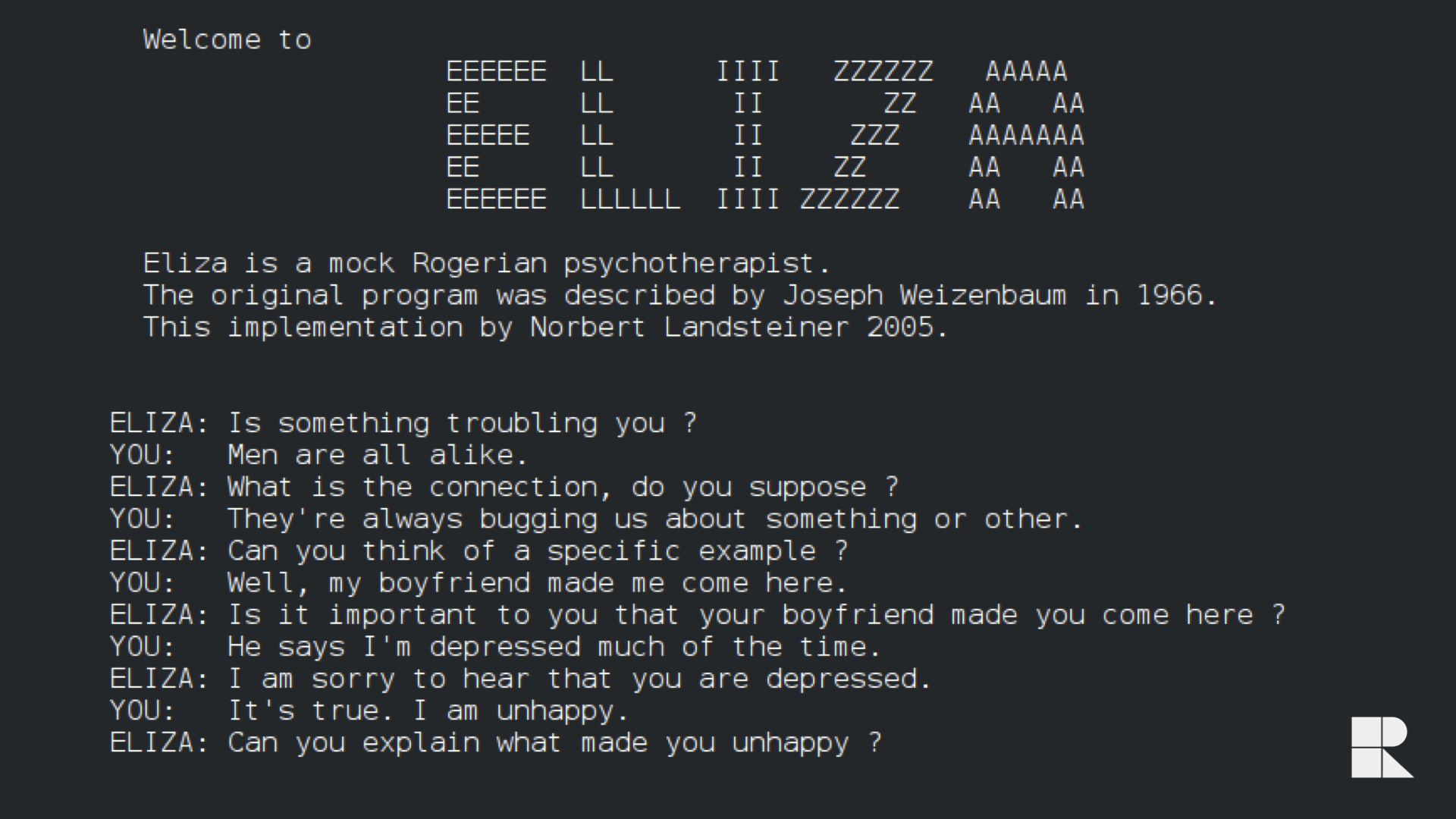 A screenshot of ELIZA, a text-based psychotherapy program, features stylized ASCII text at the top spelling out ELIZA. The dialogue between ELIZA and YOU delves into feelings of unhappiness and depression, similar to an eCommerce chatbot designed to connect with users on Shopify AI.