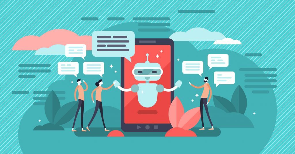 Illustration of three people engaging with an AI Concierge on a large smartphone screen, surrounded by speech bubbles and plants.