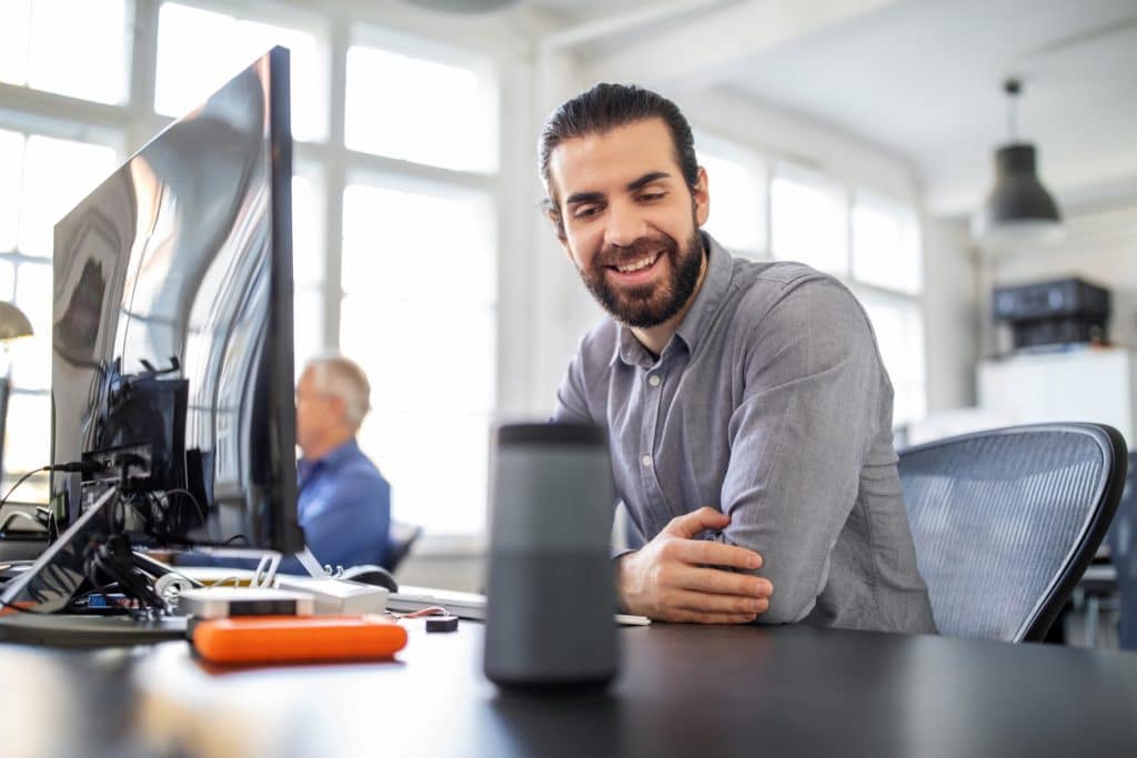 business man using voice commerce