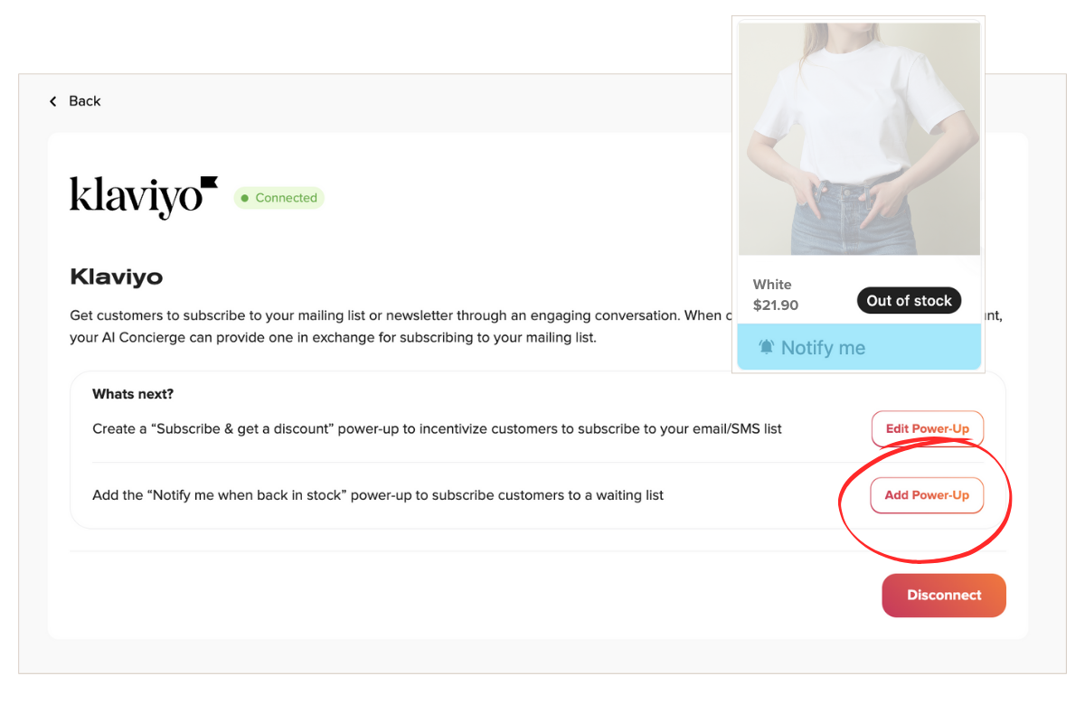 A digital interface showcasing Klaviyo’s logo integrates seamlessly with Shopify, offering subscription options to engage eCommerce customers. A product image inset reveals a person in a white shirt priced at $21 with an “Out of stock” label and an AI Concierge-driven “Notify me” option.