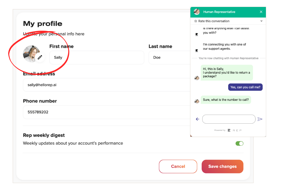 User profile screen with fields for name, email, and phone number. Sally Doe is filled in. A Shopify chat window overlays on the right, where an AI Concierge supports a package return and arranges a call.