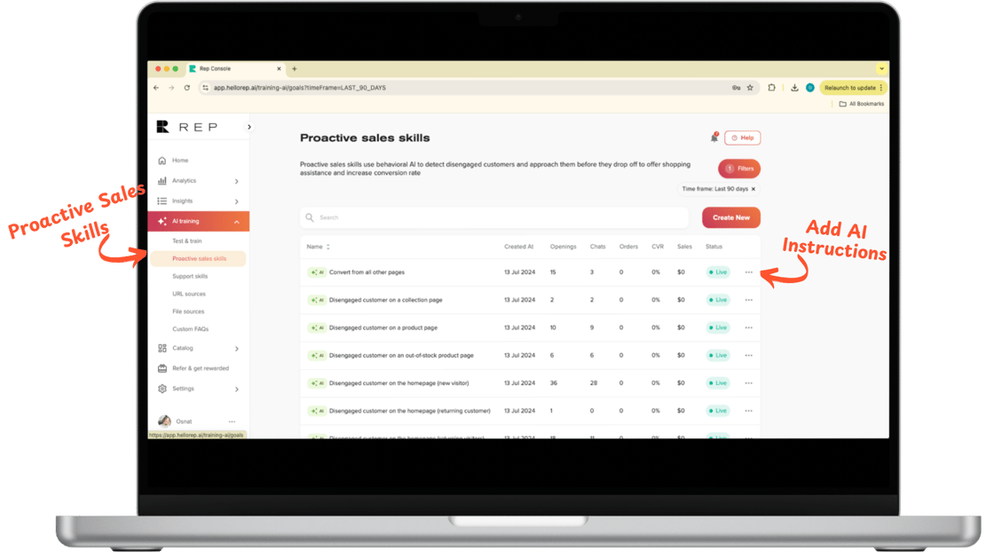 A laptop displaying a website dashboard for Proactive Sales Skills showcases various user metrics like open rates and clicks. Red arrows highlight the course title and an option labeled Add AI Instructions, demonstrating how integrating an AI Concierge can enhance the eCommerce experience.