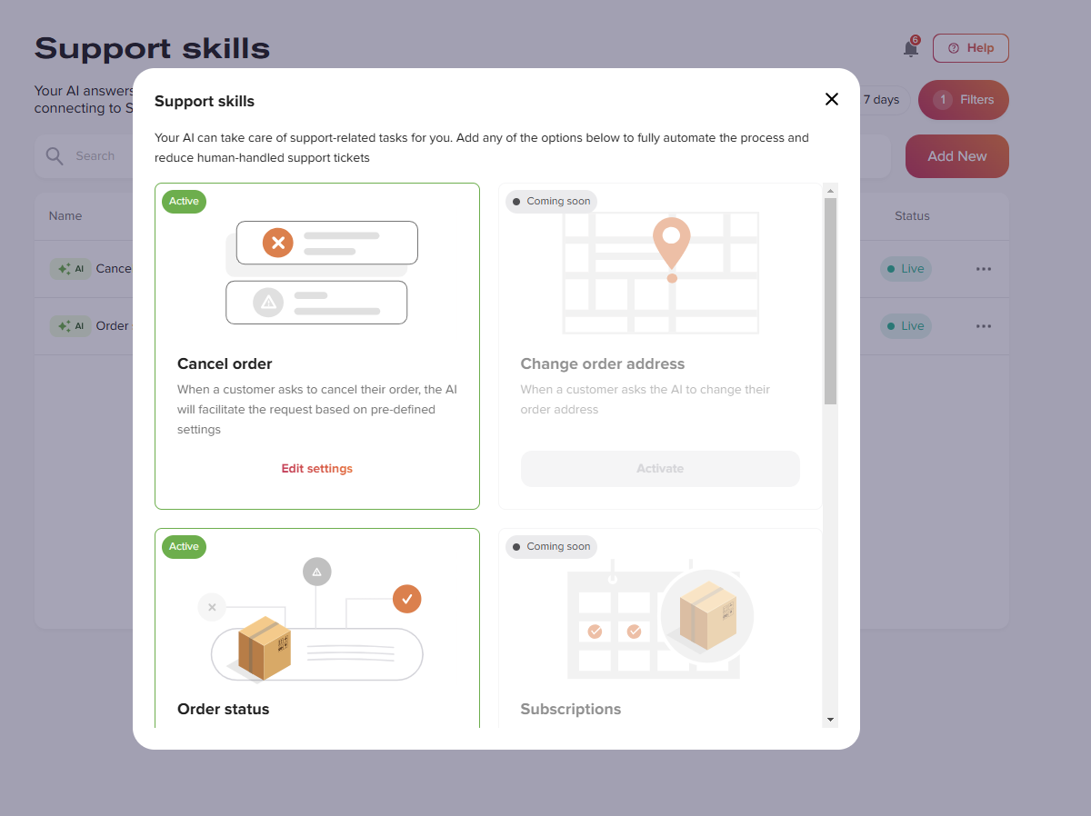 A computer screen displays an eCommerce chatbot interface. The panel shows options: Cancel order, Order status, and Change order address with active and coming soon statuses visually indicated, seamlessly integrated into the Shopify AI Concierge experience for efficient support.