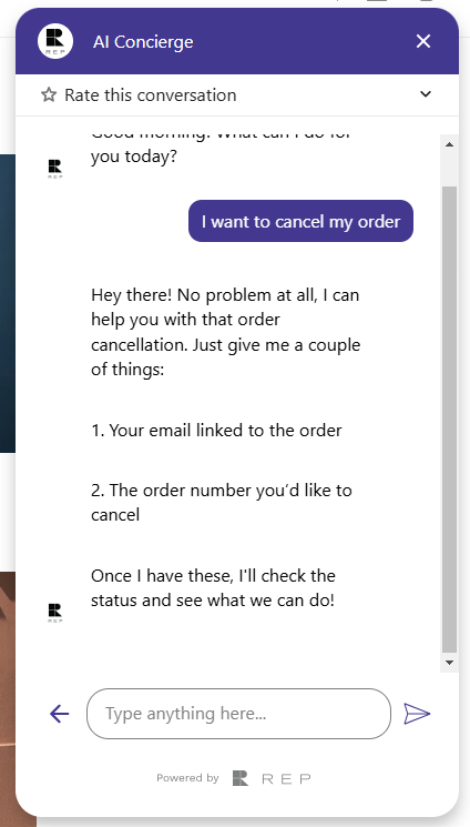 A screenshot captures a conversation with Shopifys AI Concierge. The user requests to cancel an order, and the AI responds by asking for the email linked to the order and the order number, streamlining eCommerce customer support.